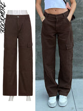 Load image into Gallery viewer, Rockmore Brown Vintage Baggy Jeans Women 90s Streetwear Pockets Wide Leg Cargo Pants Low Waist Straight Denim Trousers 2021